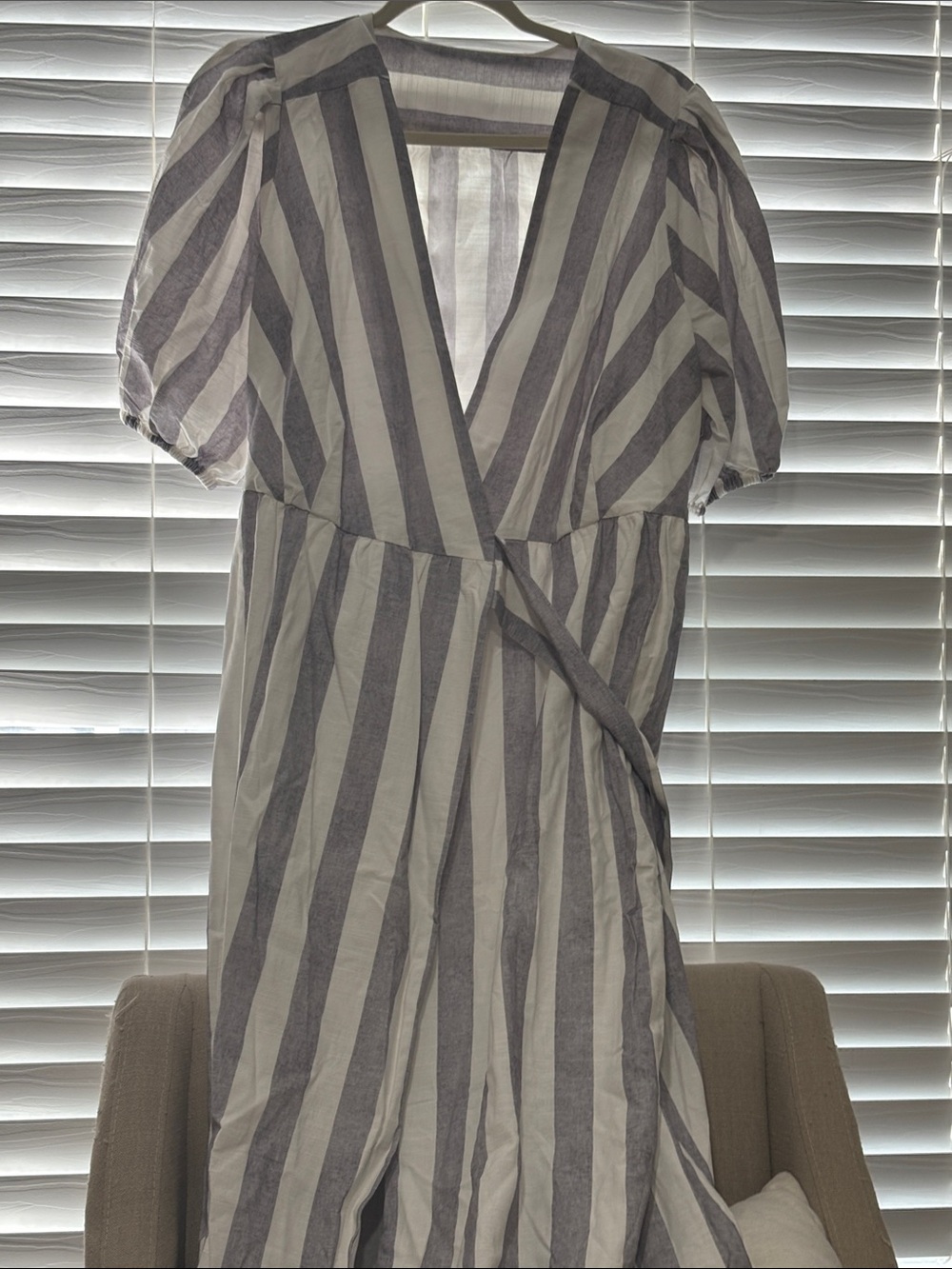 Striped Wrap Midi Dress in White and Gray
